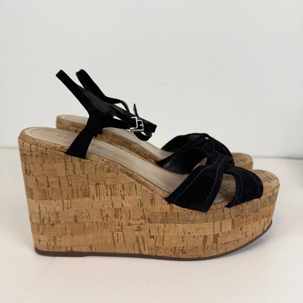 Schutz Black Suede Cork Platform Wedge Sandals Ankle Strap Womens Size 8.5